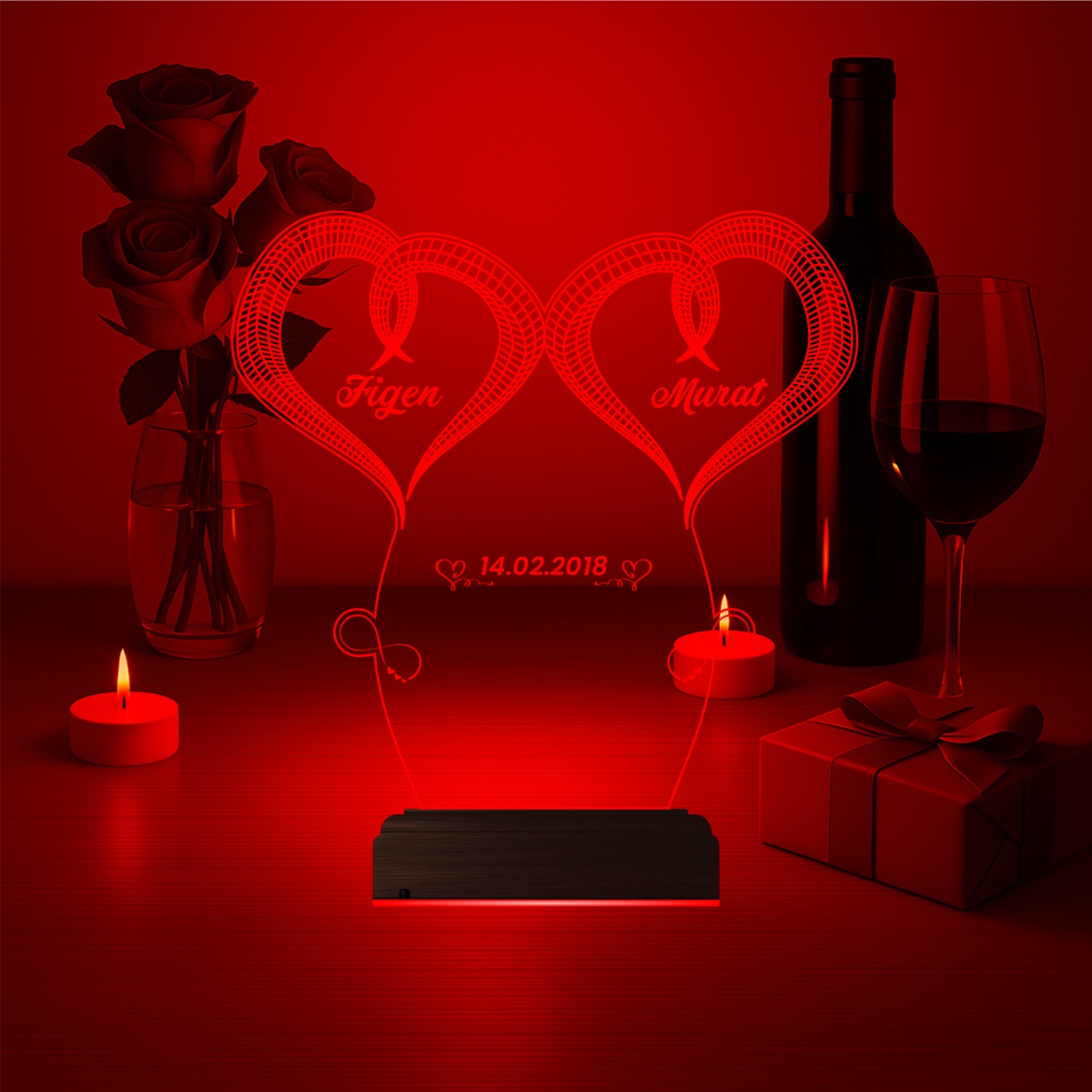 Именной подарок: два сердца с именами 3d светильник 6