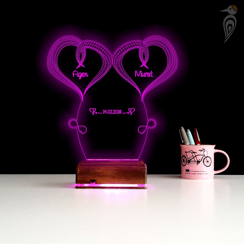 Именной подарок: два сердца с именами 3d светильник 7