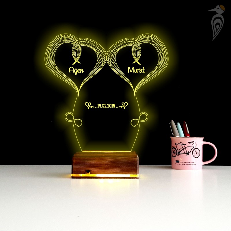 Именной подарок: два сердца с именами 3d светильник 8