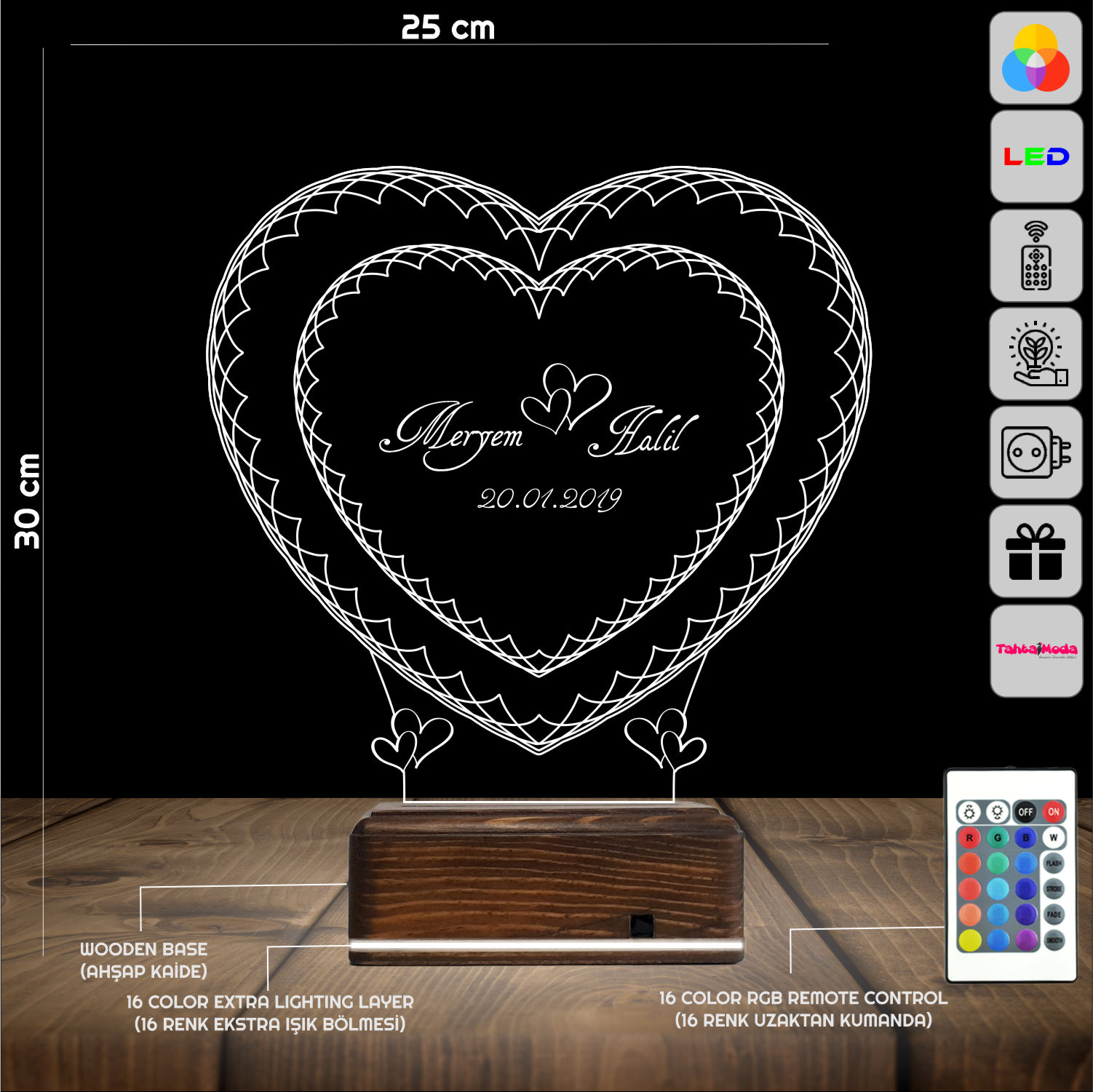 Именные Сердца — 3D LED Ночник | Подарок на годовщину