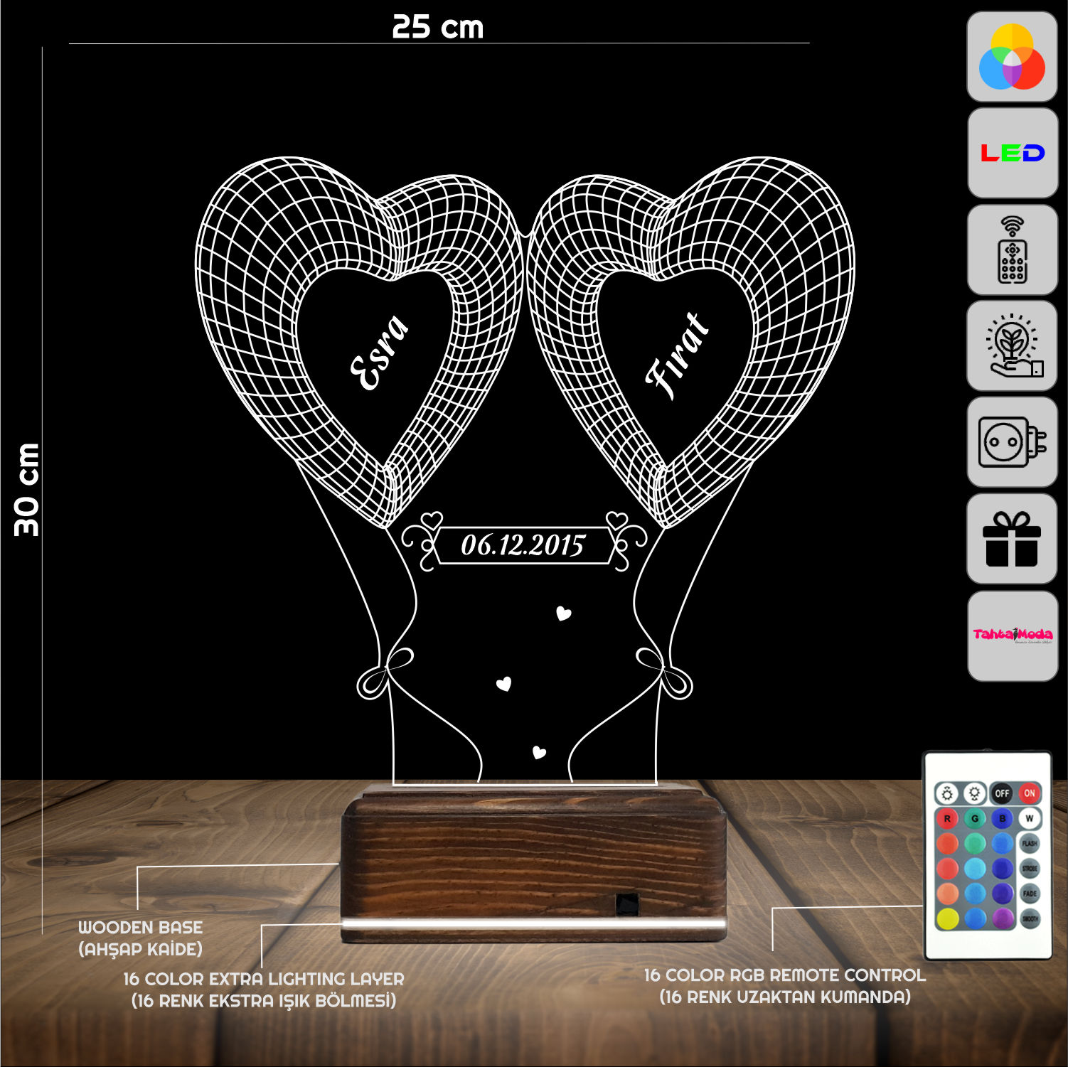 Сердца с именами — 3D LED Ночник | Романтический подарок