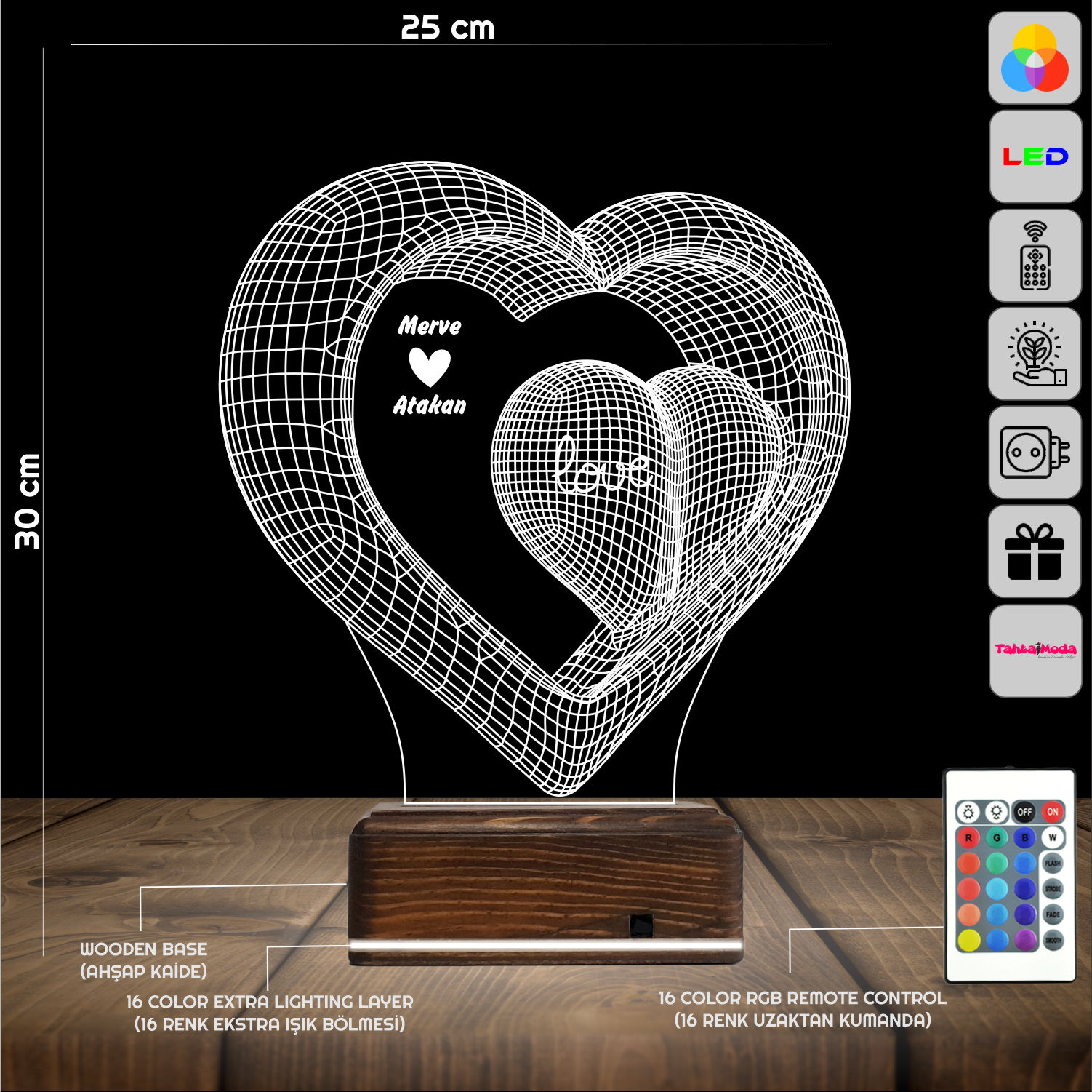 Сердца с именами 3D Ночник