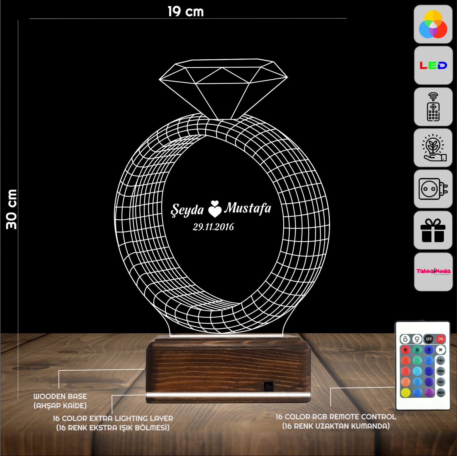 Кольцо с именами — 3D LED Ночник | Подарок на годовщину