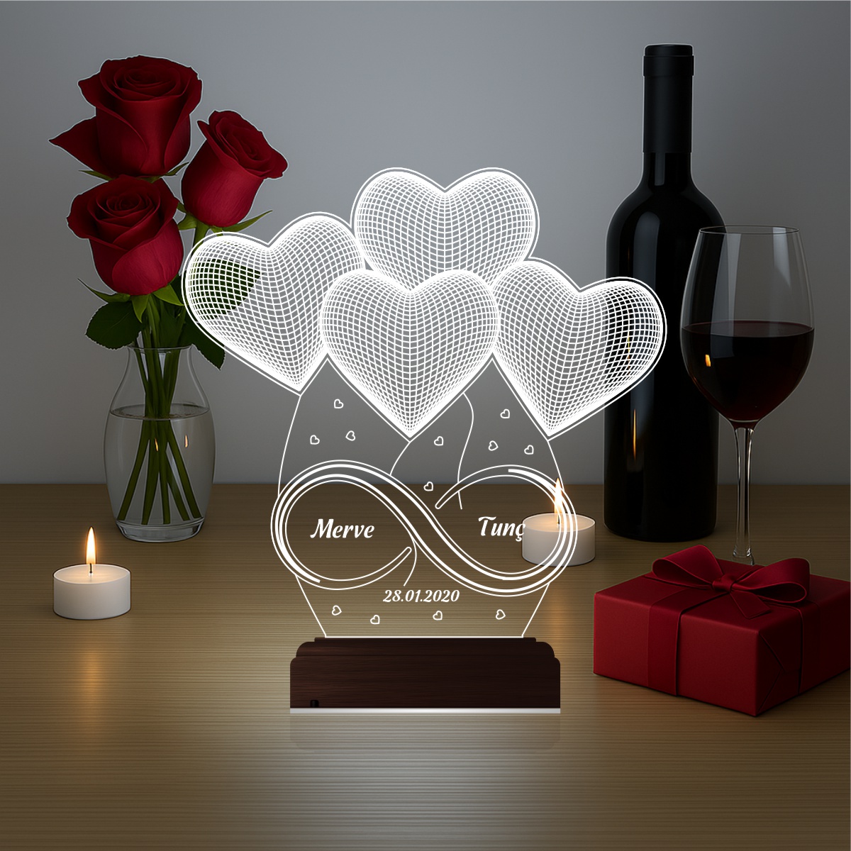 Сердца и Бесконечность — 3D LED Ночник | Подарок на годовщину