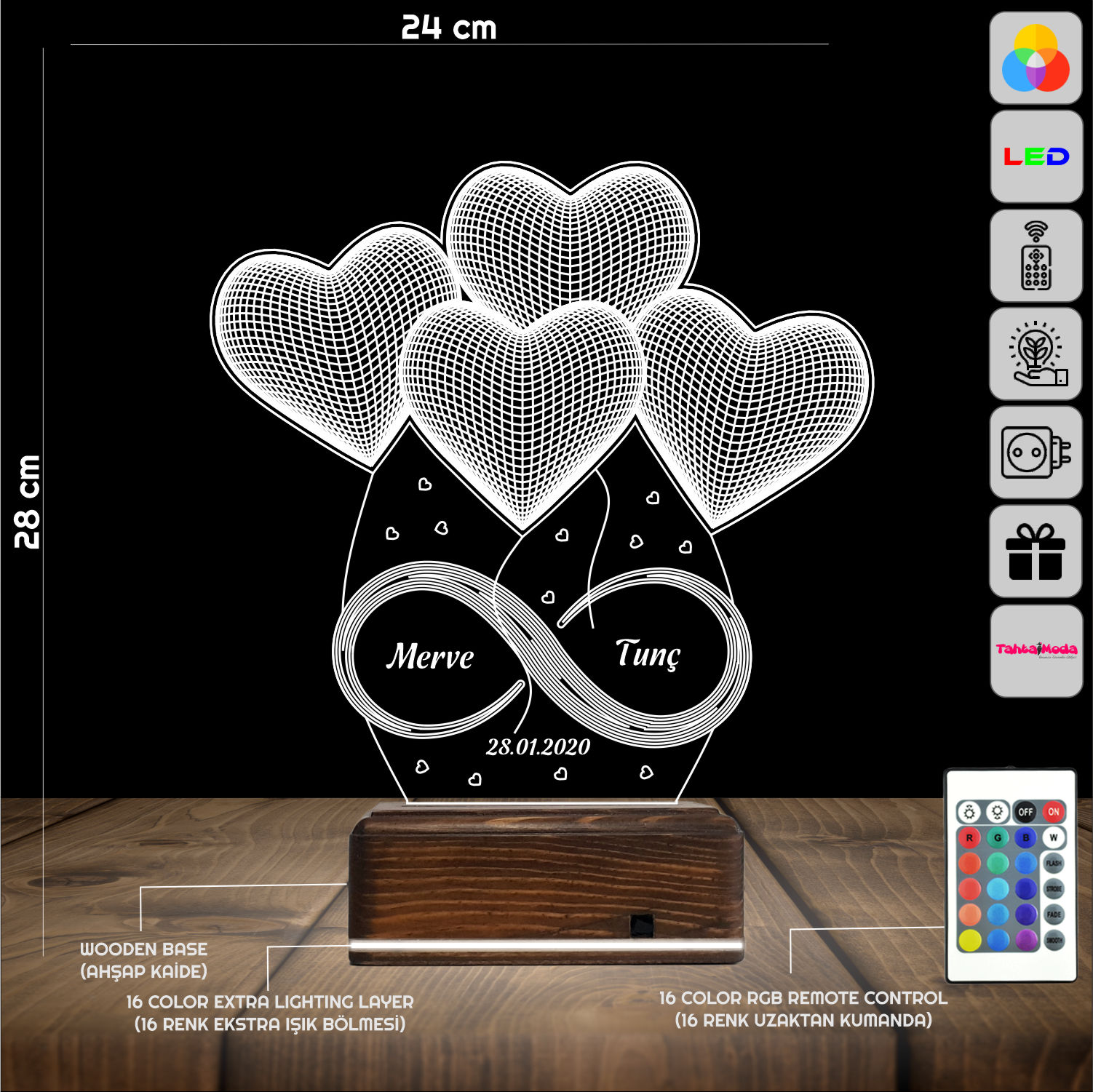 Сердца и Бесконечность — 3D LED Ночник | Подарок на годовщину