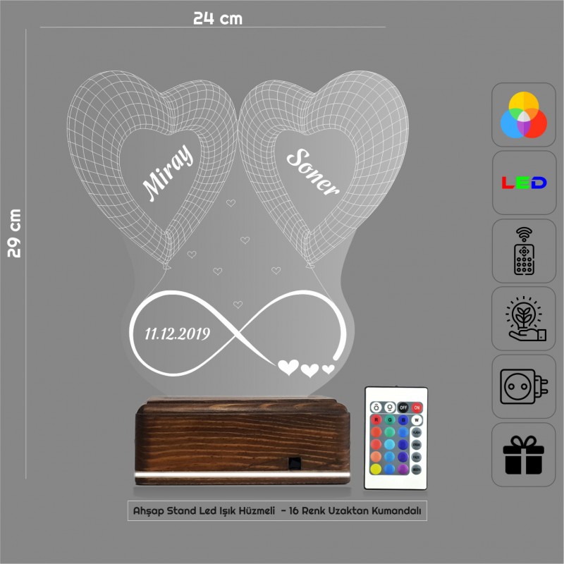 Сердца и бесконечность — 3D LED Ночник | Подарок паре