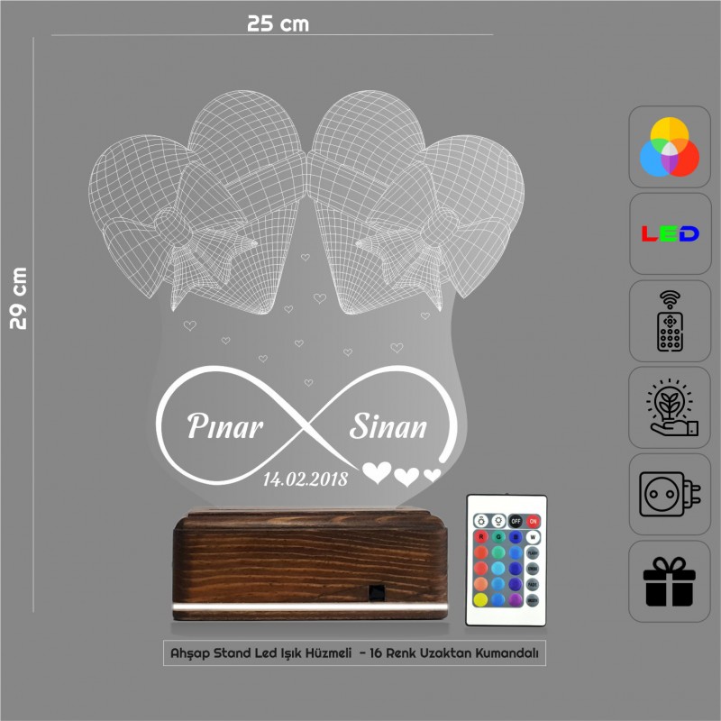 Сердца и Бесконечность — 3D LED Ночник | Именной подарок