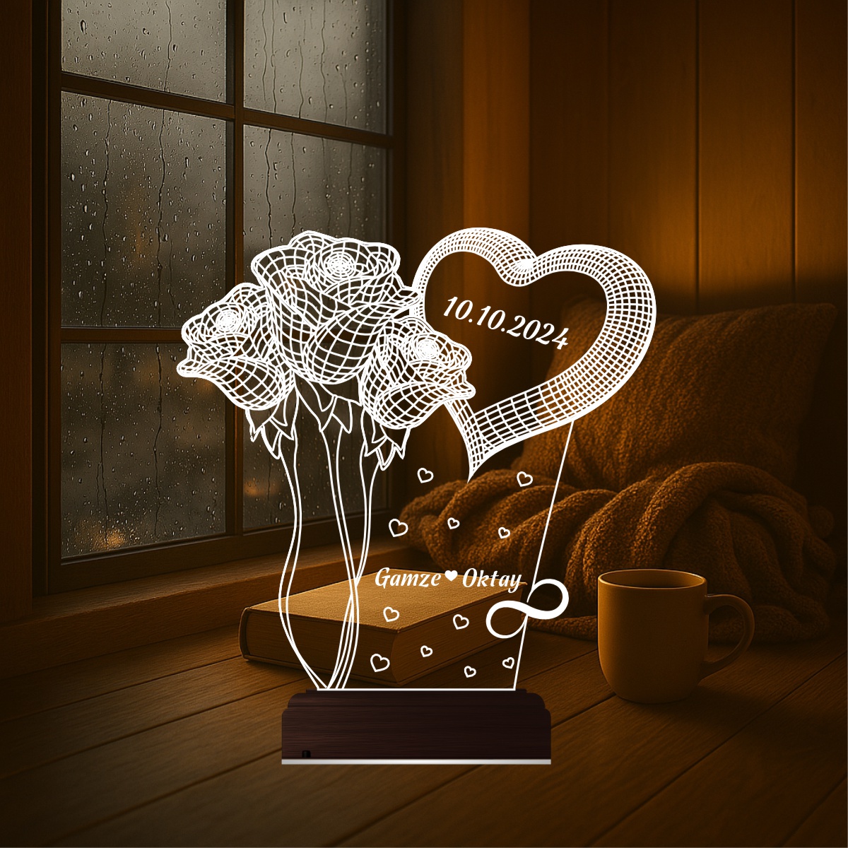 Сердце и Розы — 3D LED Ночник | Подарок на годовщину