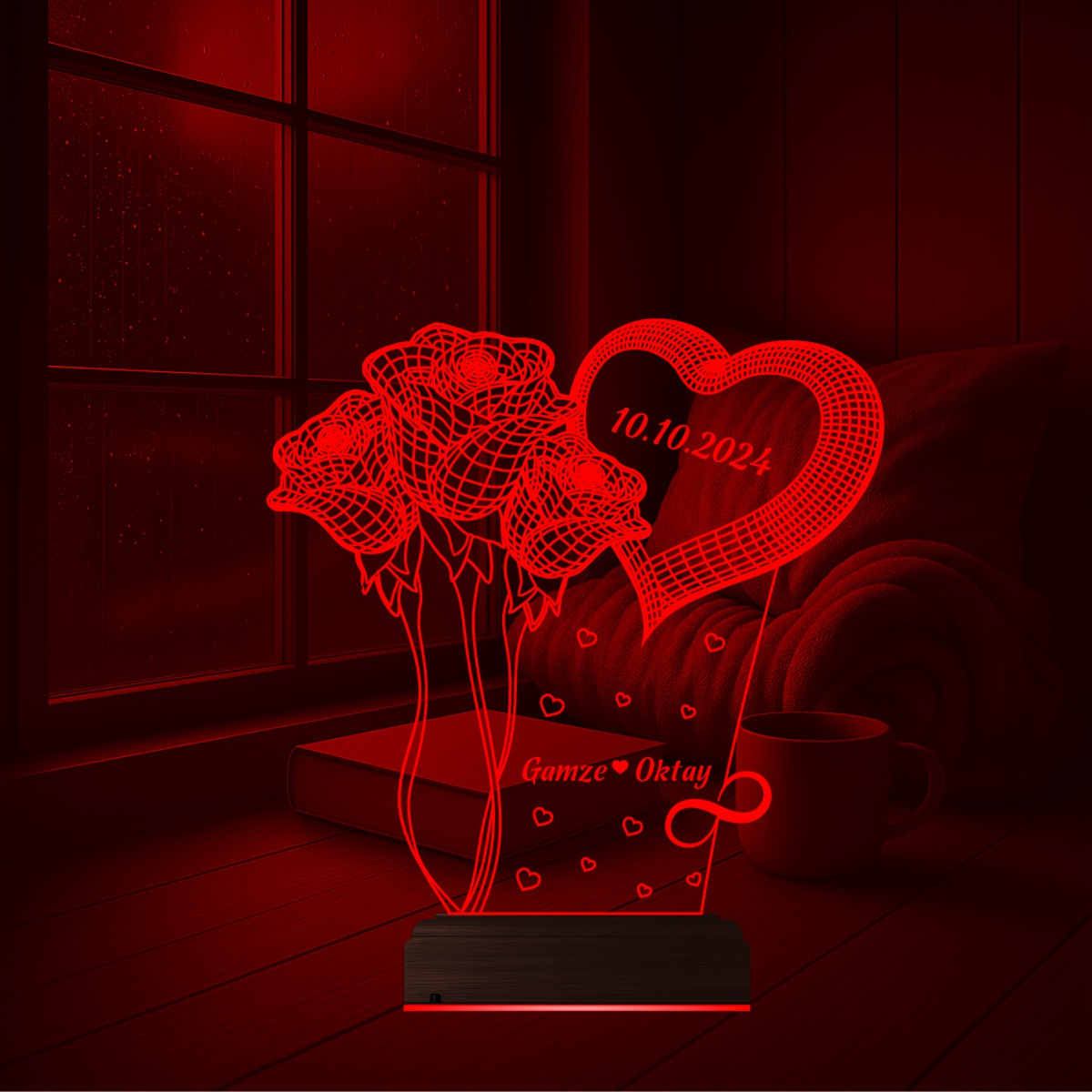 Подарок на 8 марта: розы с сердцем 3D светильник 4