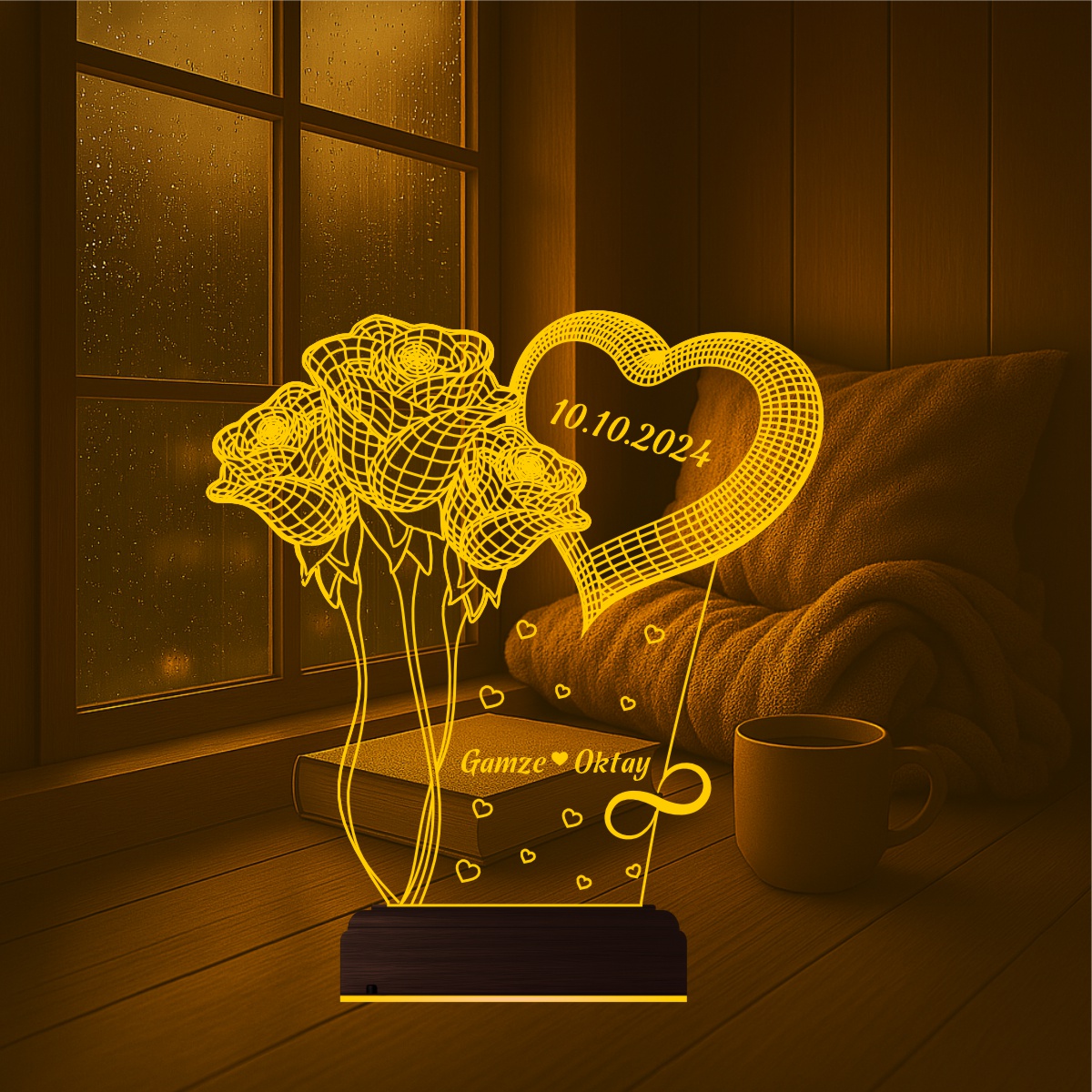 Подарок на 8 марта: розы с сердцем 3D светильник 5