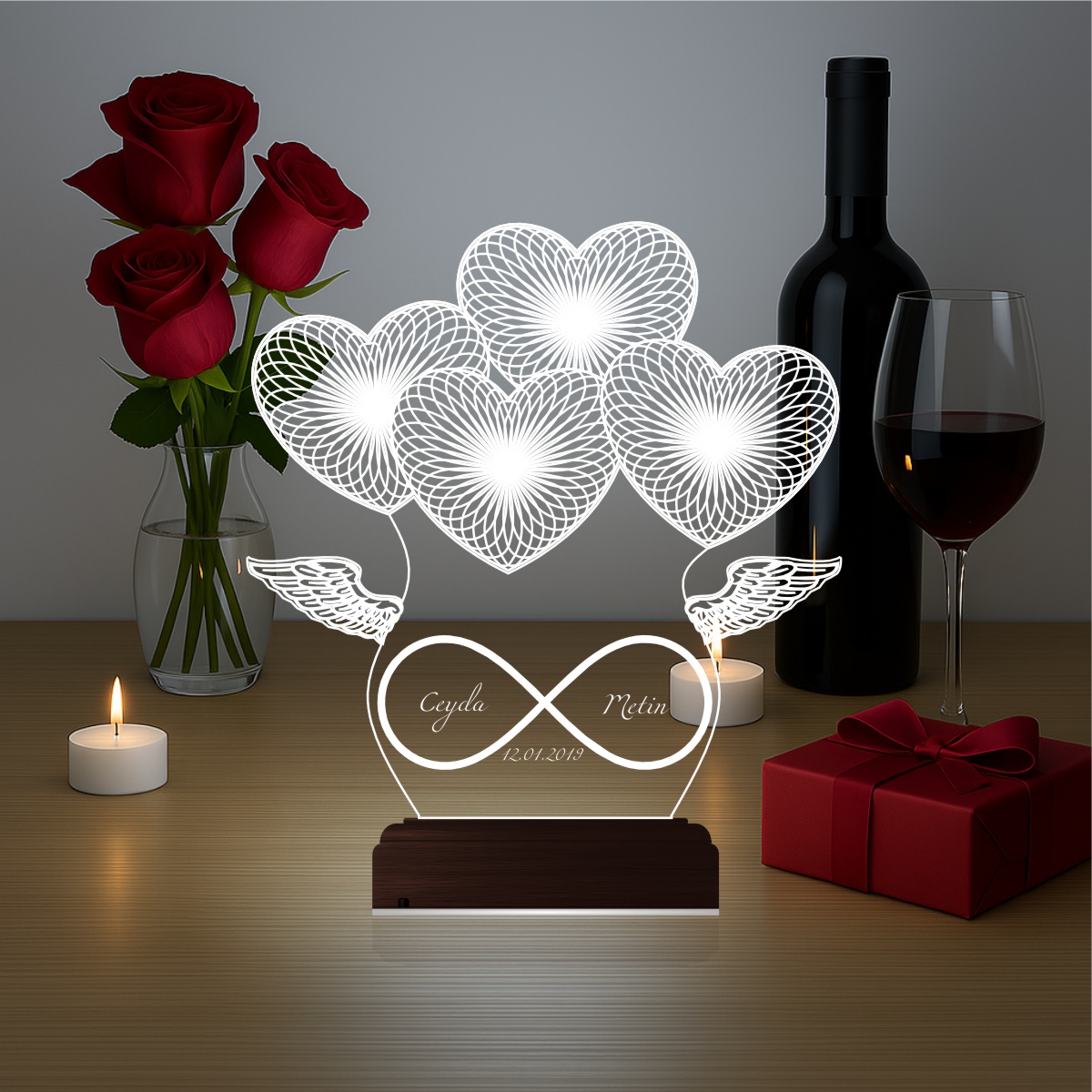Сердца и Бесконечность — 3D LED Ночник | Подарок на годовщину