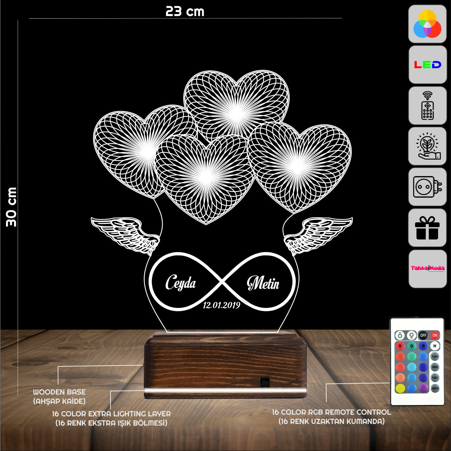 Сердца и Бесконечность — 3D LED Ночник | Подарок на годовщину