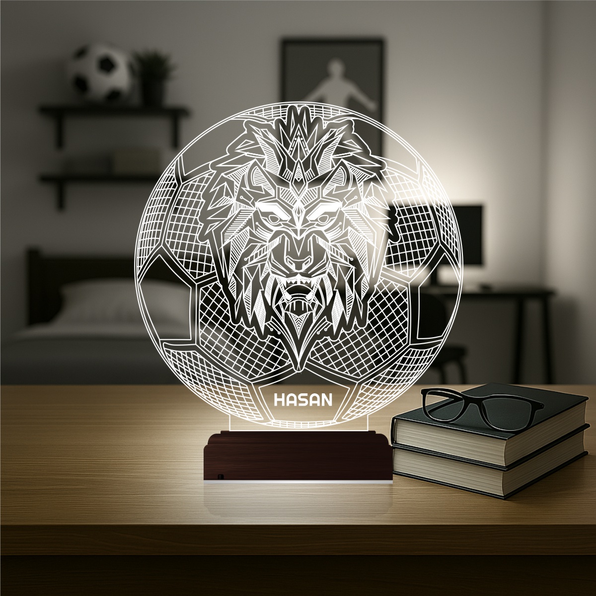 Лев и Футбол — 3D LED Ночник с именем | Подарок мальчику
