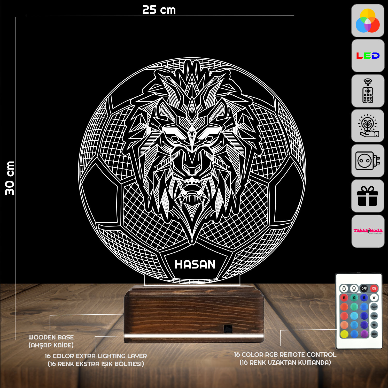 Лев и Футбол — 3D LED Ночник с именем | Подарок мальчику