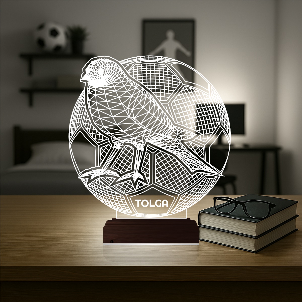 Птица и Футбол с именем — 3D LED Ночник | Подарок мальчику
