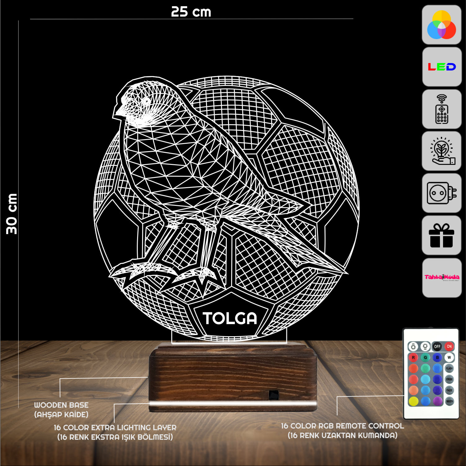 Птица и Футбол с именем — 3D LED Ночник | Подарок мальчику