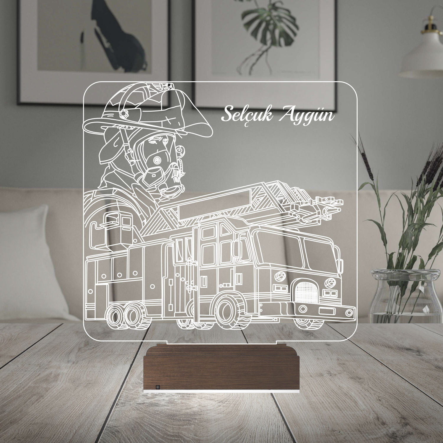 Пожарный и Машина — 3D LED Ночник | Именной подарок