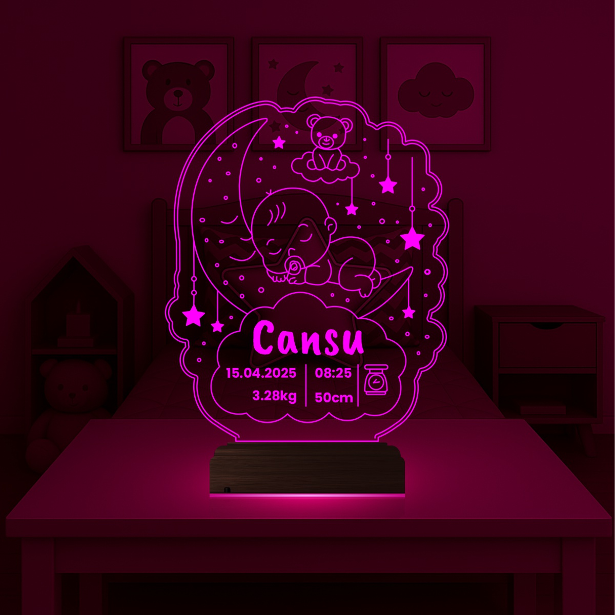 Именной подарок: 3d светильник-метрика "Спящий малыш на Луне" 3