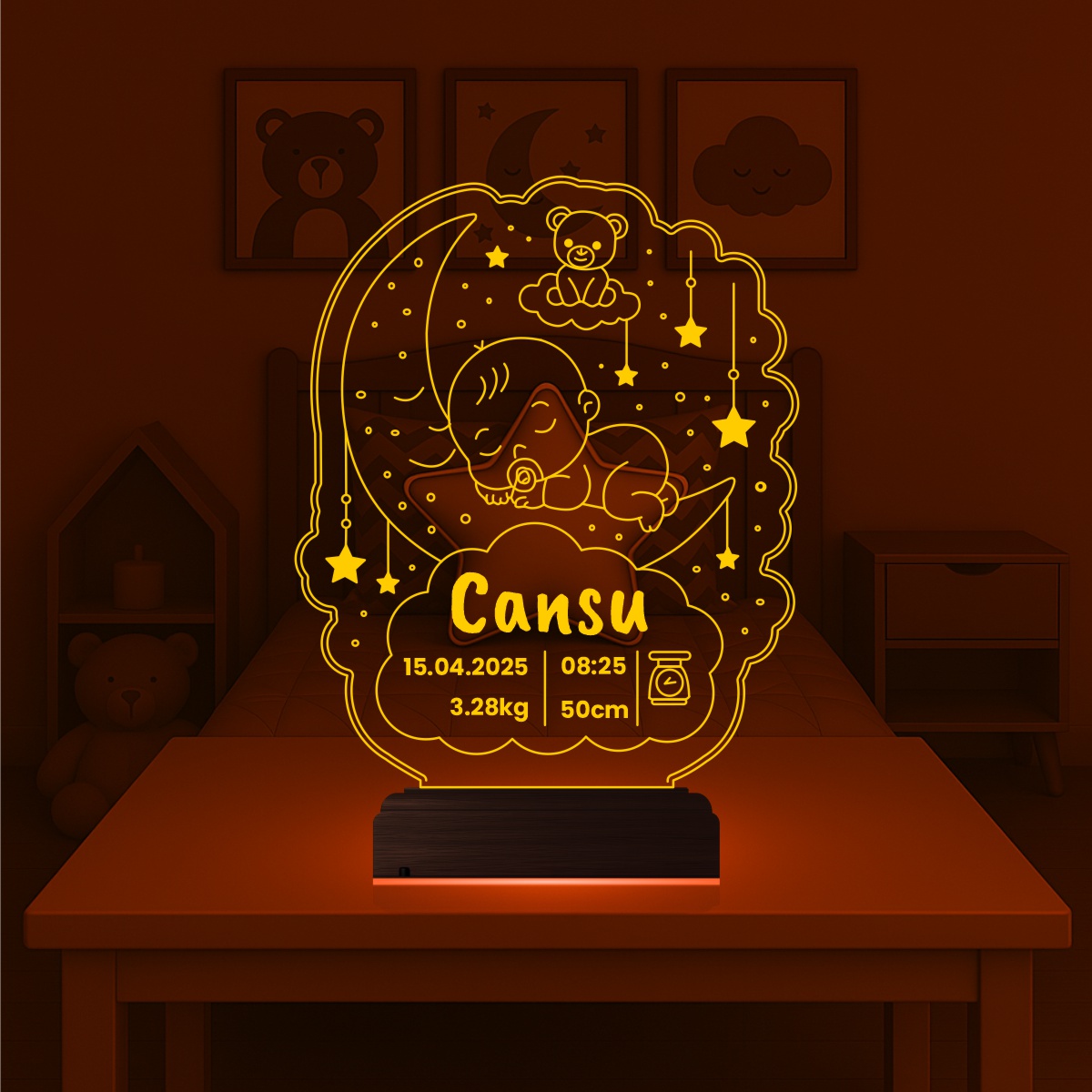 Именной подарок: 3d светильник-метрика "Спящий малыш на Луне" 6