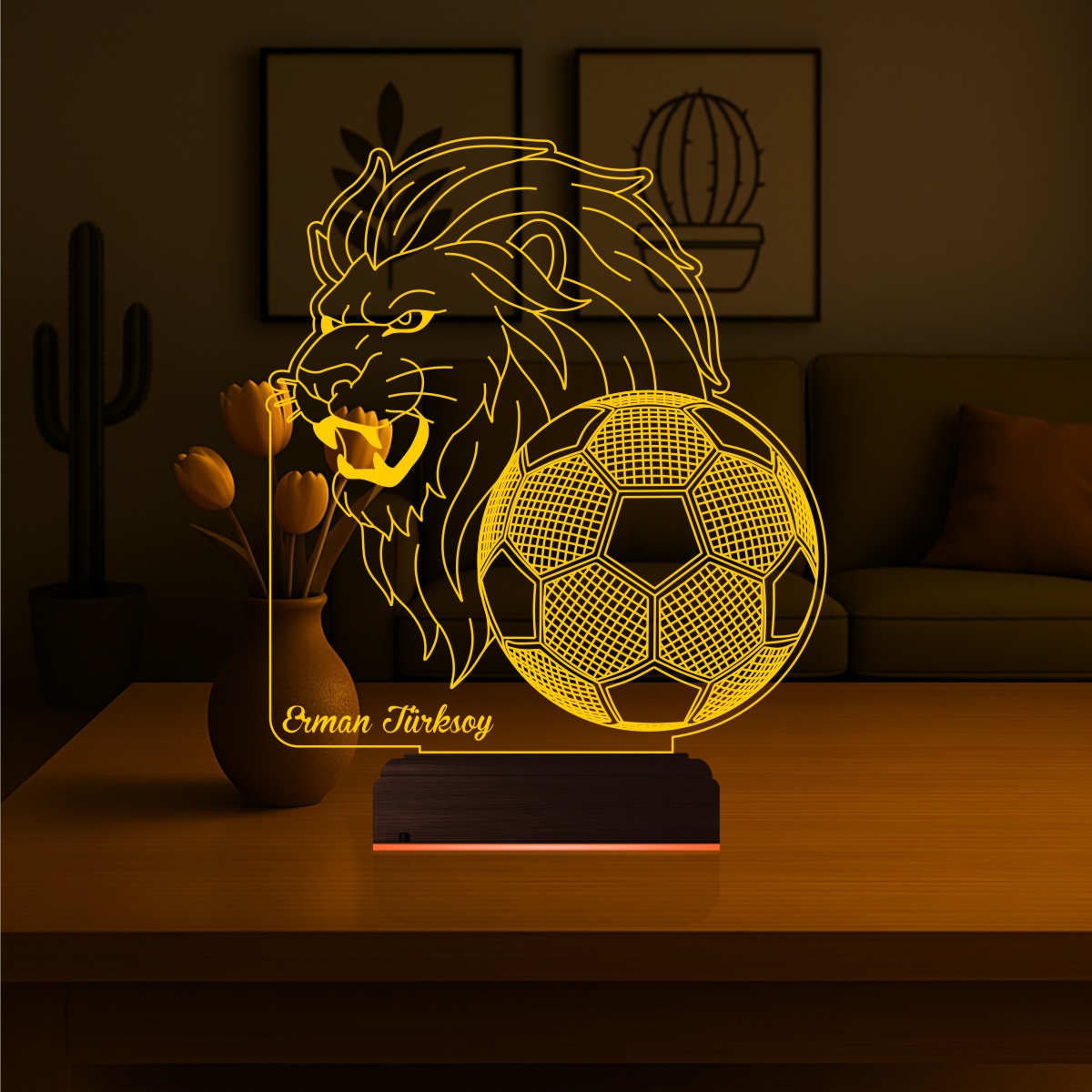 Лев и Футбол (с именем) — 3D LED Ночник | Подарок футболисту