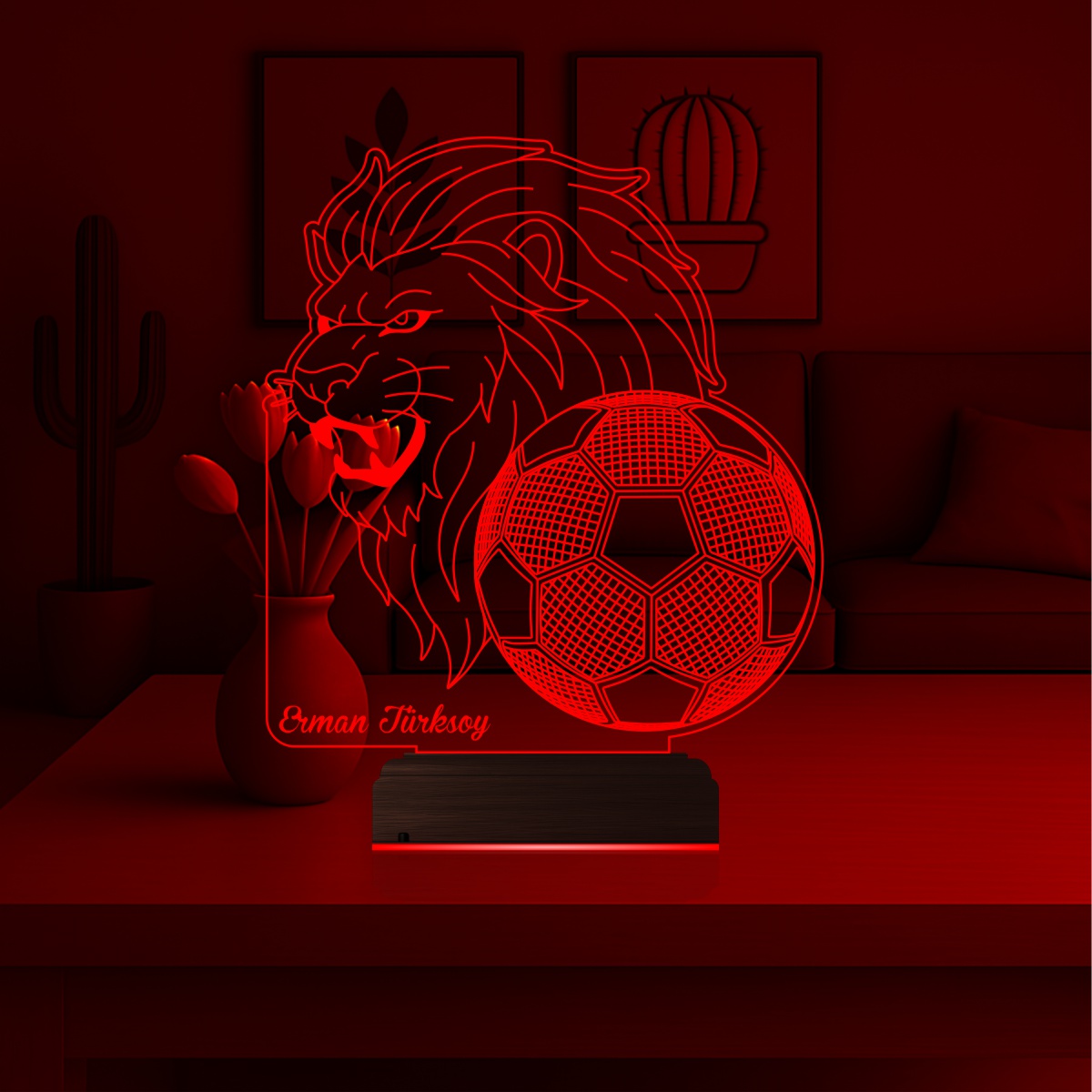 Лев и Футбол (с именем) — 3D LED Ночник | Подарок футболисту
