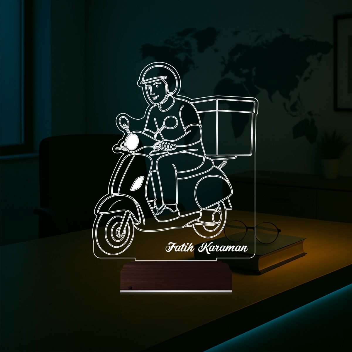 Курьер на скутере — 3D LED Ночник | Именной подарок