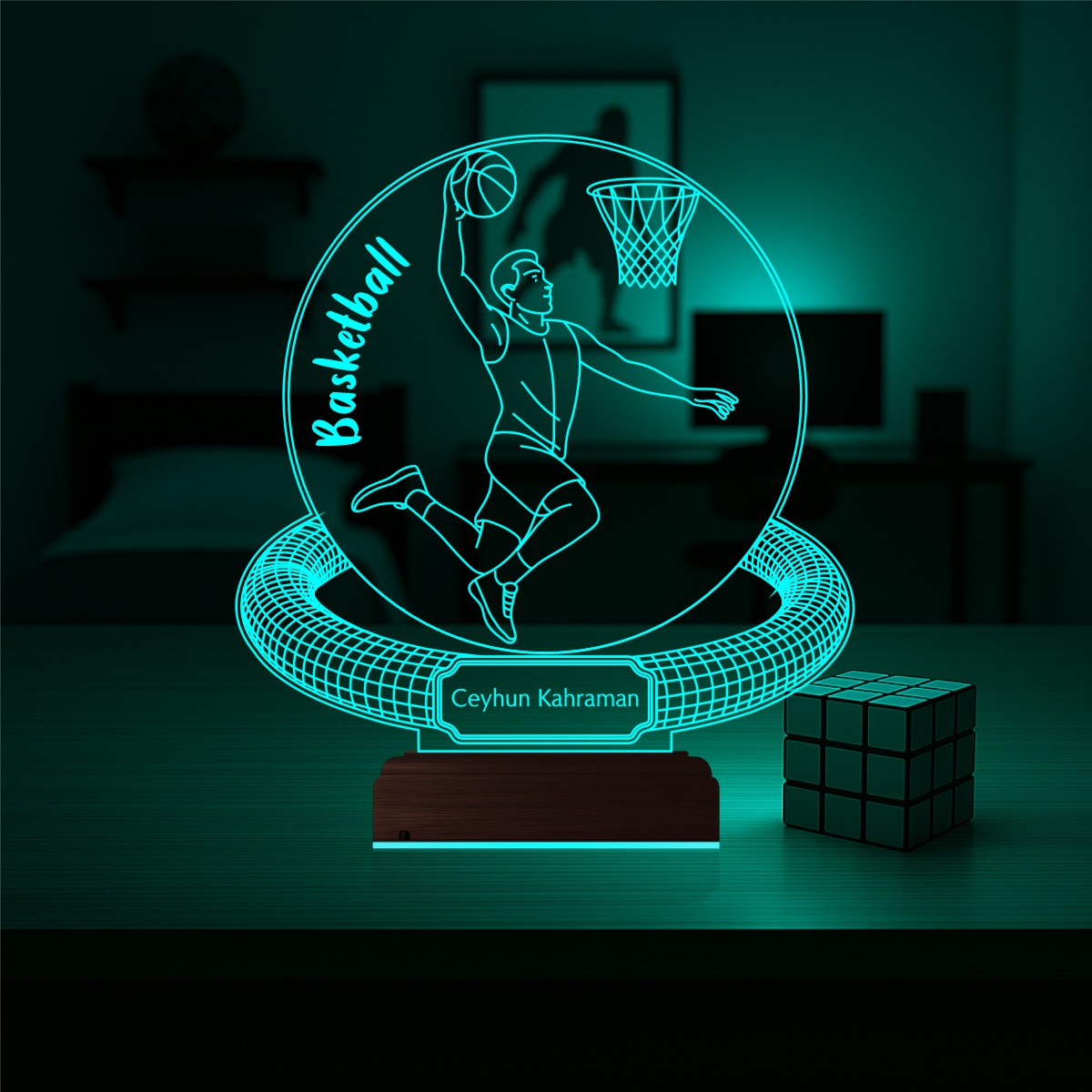 Именной подарок баскетболисту: игрок с мячом и корзиной 3D светильник 2