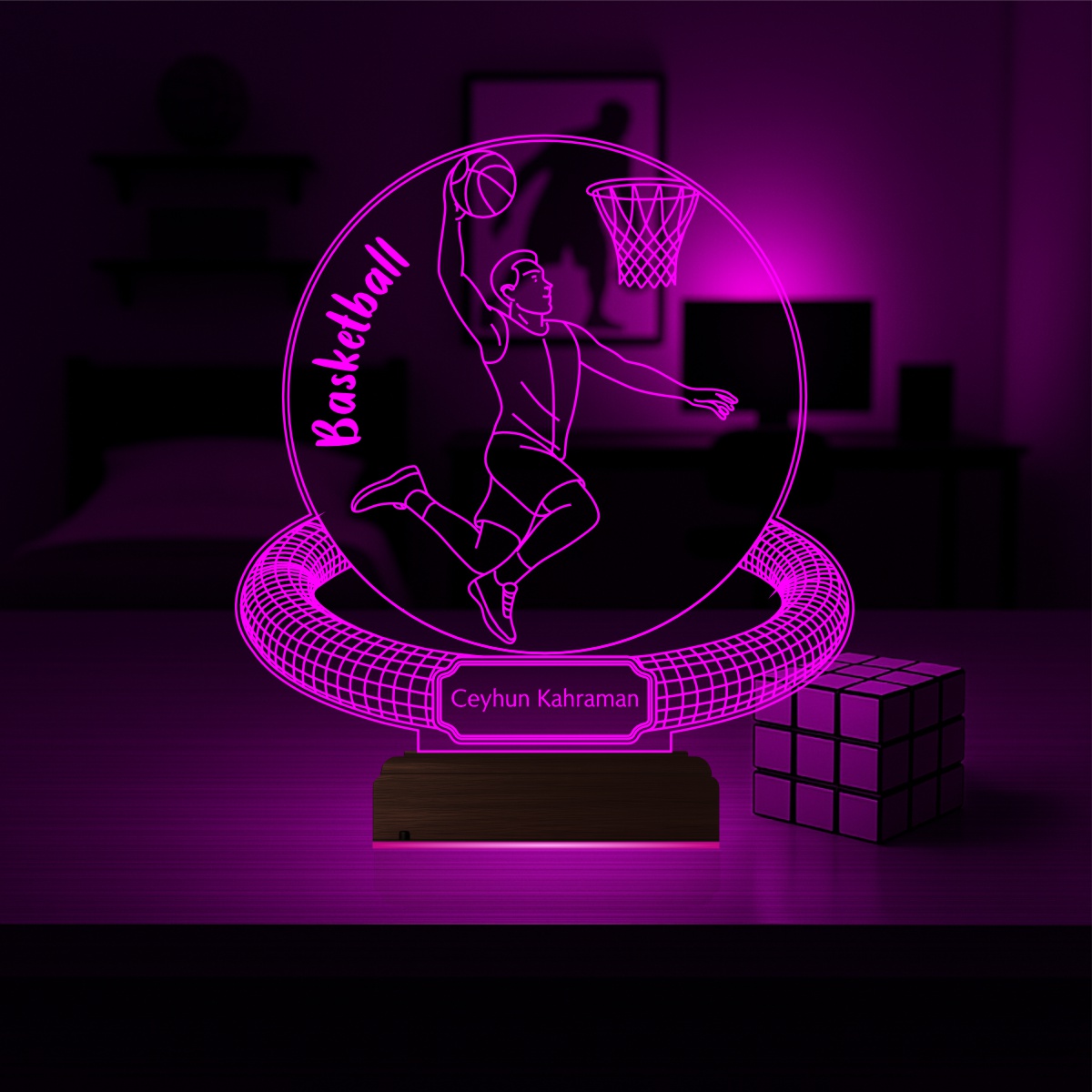 Именной подарок баскетболисту: игрок с мячом и корзиной 3D светильник 3